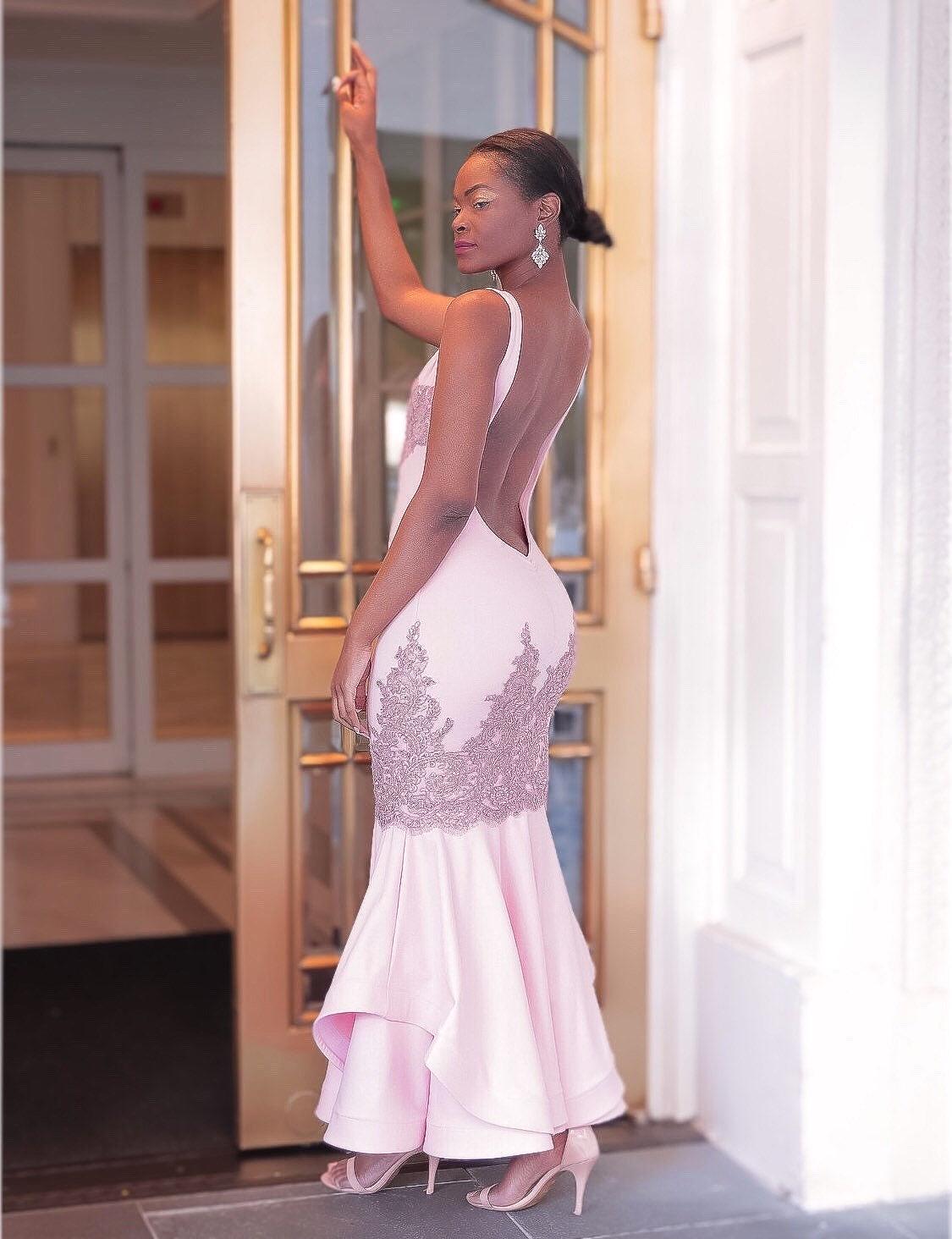 Pink Beaded Mermaid Prom Dress: Backless Formal Gown