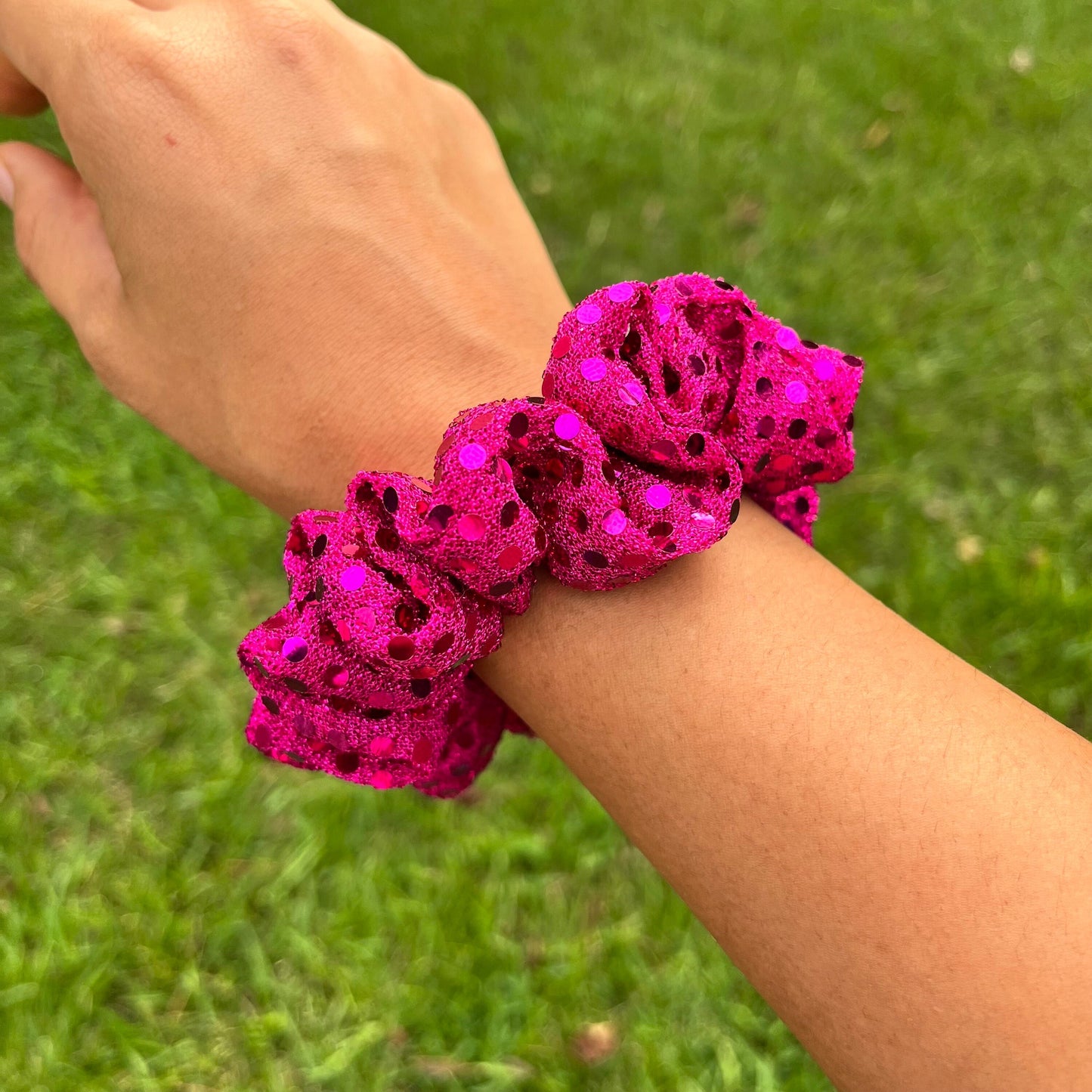 Fuchsia Dotted Foil Scrunchie: Handmade Trendy Hair Tie