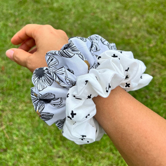 Black and White Cotton Scrunchies: Floral & Criss Cross Prints