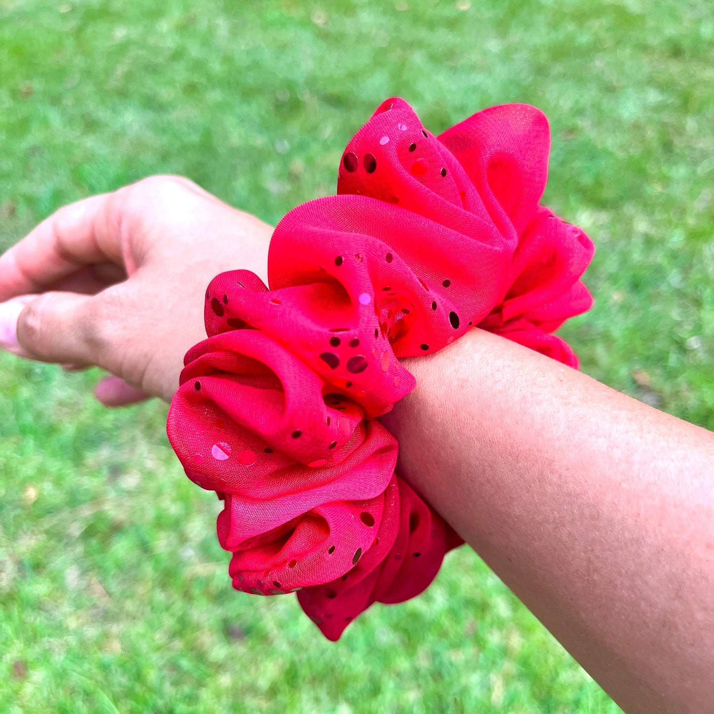 Red Foil Dotted Chiffon Scrunchie: Handmade Hair Accessory