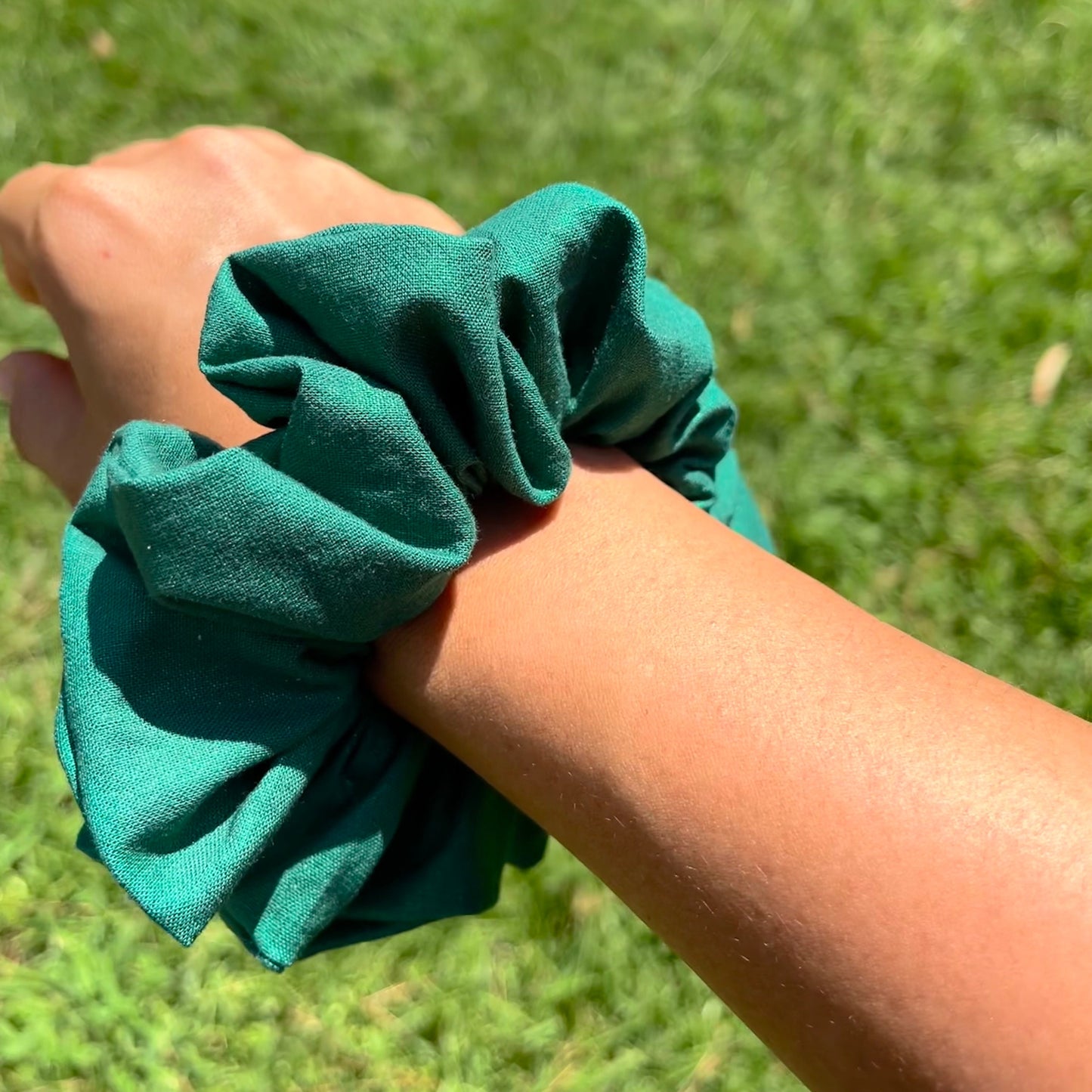 Green Cotton Scrunchie: Festive Holiday Hair Tie, Handmade in USA