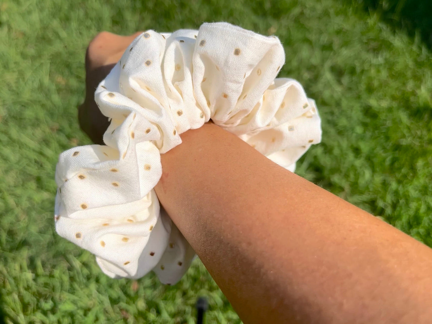 Handmade Ivory and Gold Cotton Scrunchie: Holiday Hair Accessory