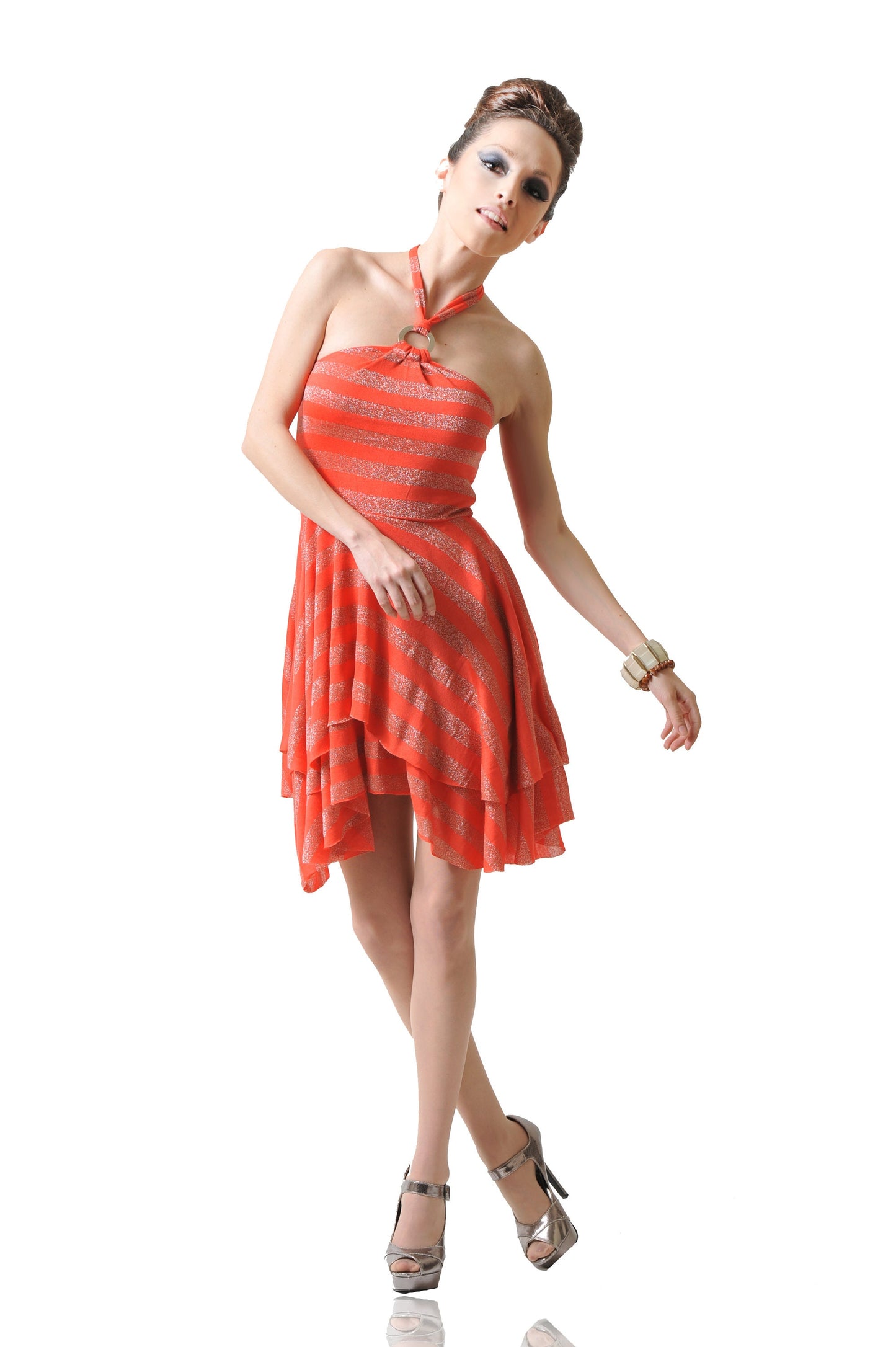 Orange Metallic Stripe Mini Dress: Halter Fit & Flare
