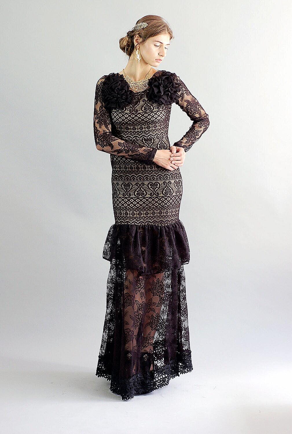 Black Lace Maxi Gown: Handmade Flamenco Ballroom Dress - Size Small