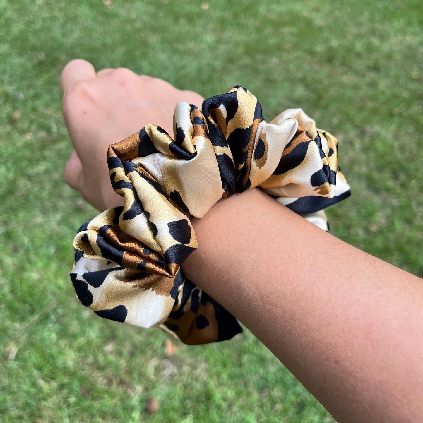 Handmade Satin Leopard Print Scrunchie: Silky Animal Print Hair Tie