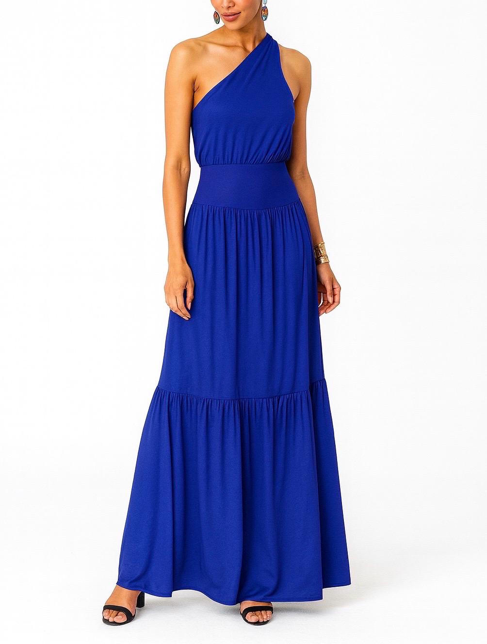 One Shoulder Maxi Dress: Cinched Waist Tiered Long Dress