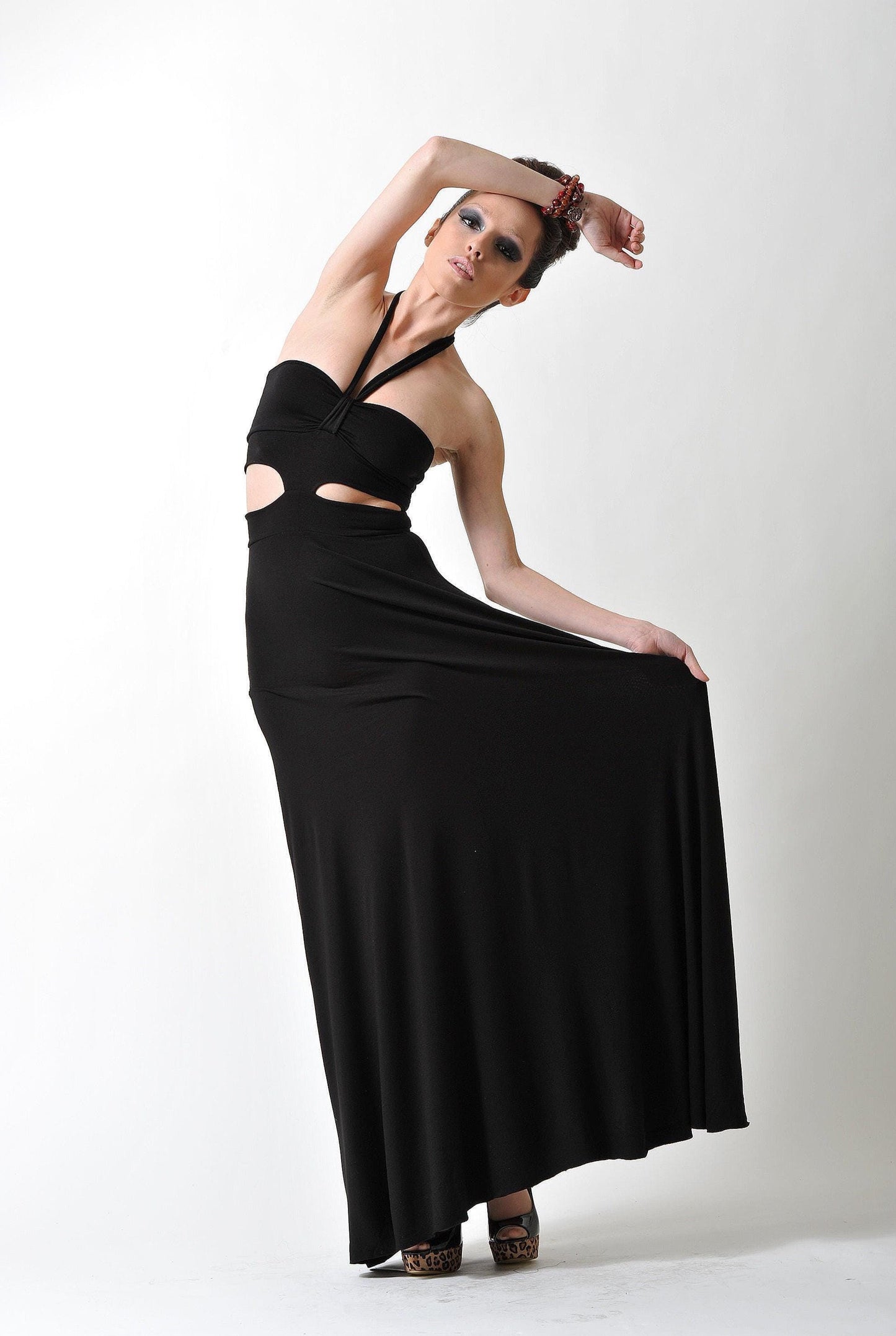 Halter Black Maxi Dress with Cut Outs - Handmade