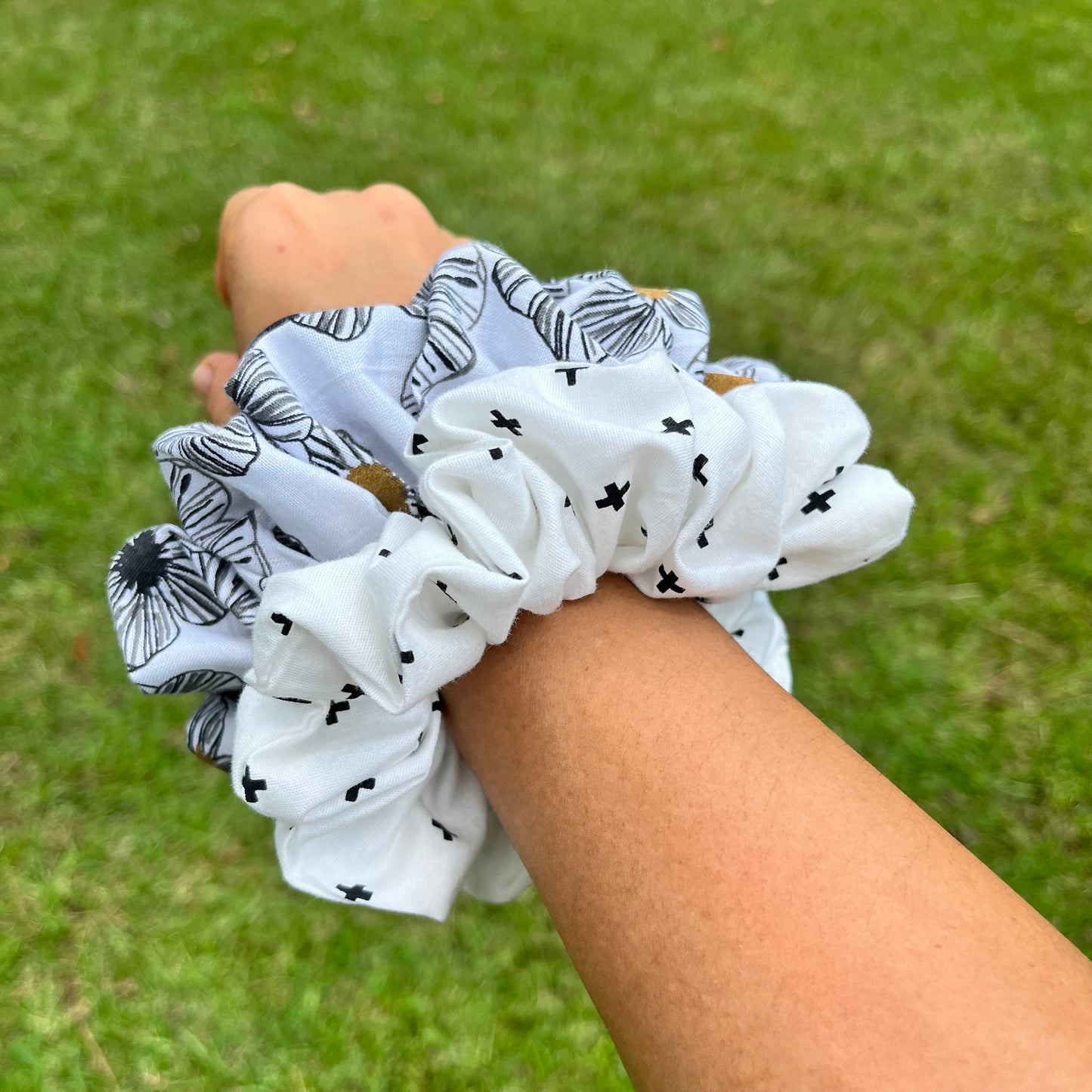 Black and White Cotton Scrunchies: Floral & Criss Cross Prints