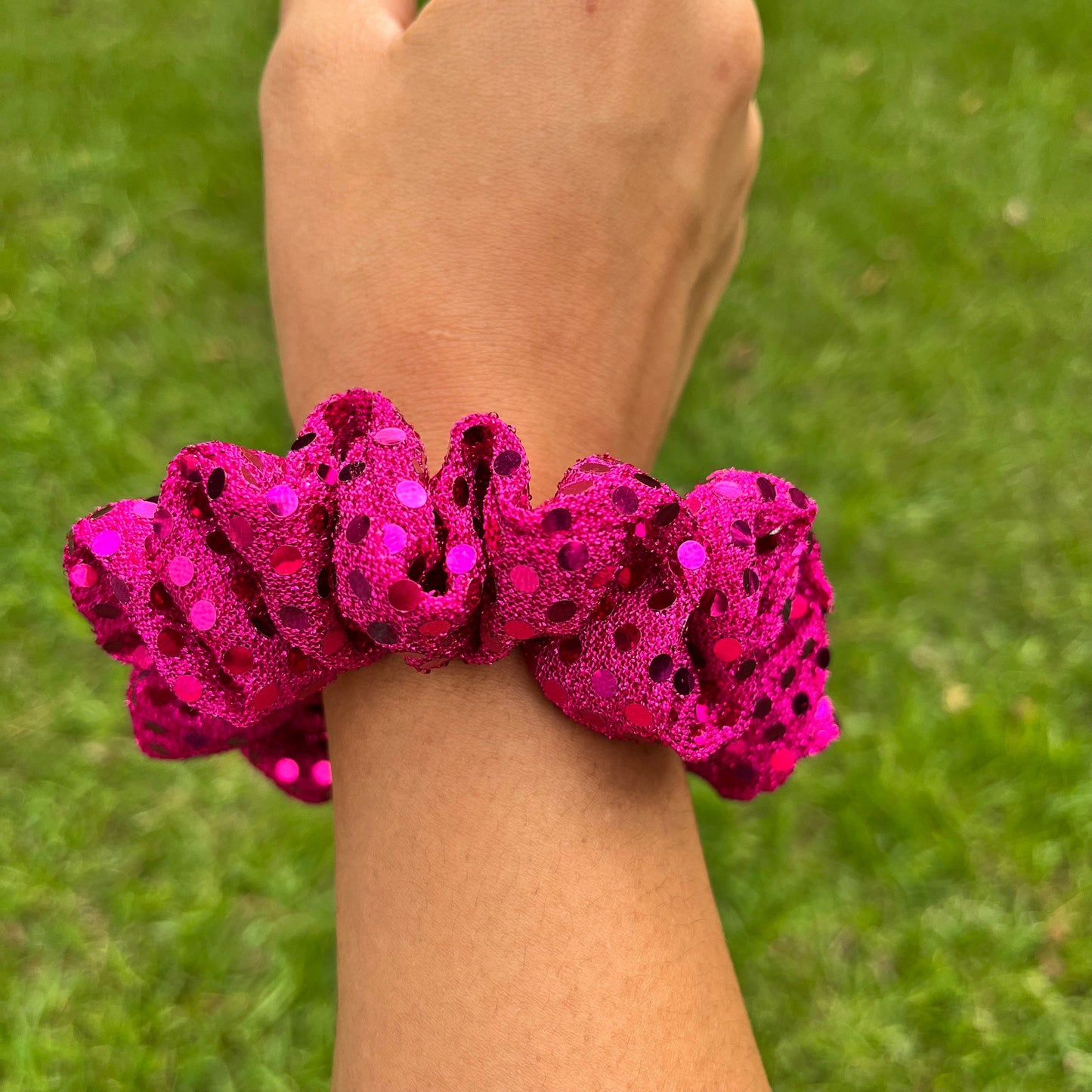 Fuchsia Dotted Foil Scrunchie: Handmade Trendy Hair Tie