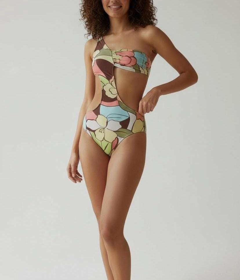 Floral One Shoulder Cutout Swimsuit – Monokini with Bold Print