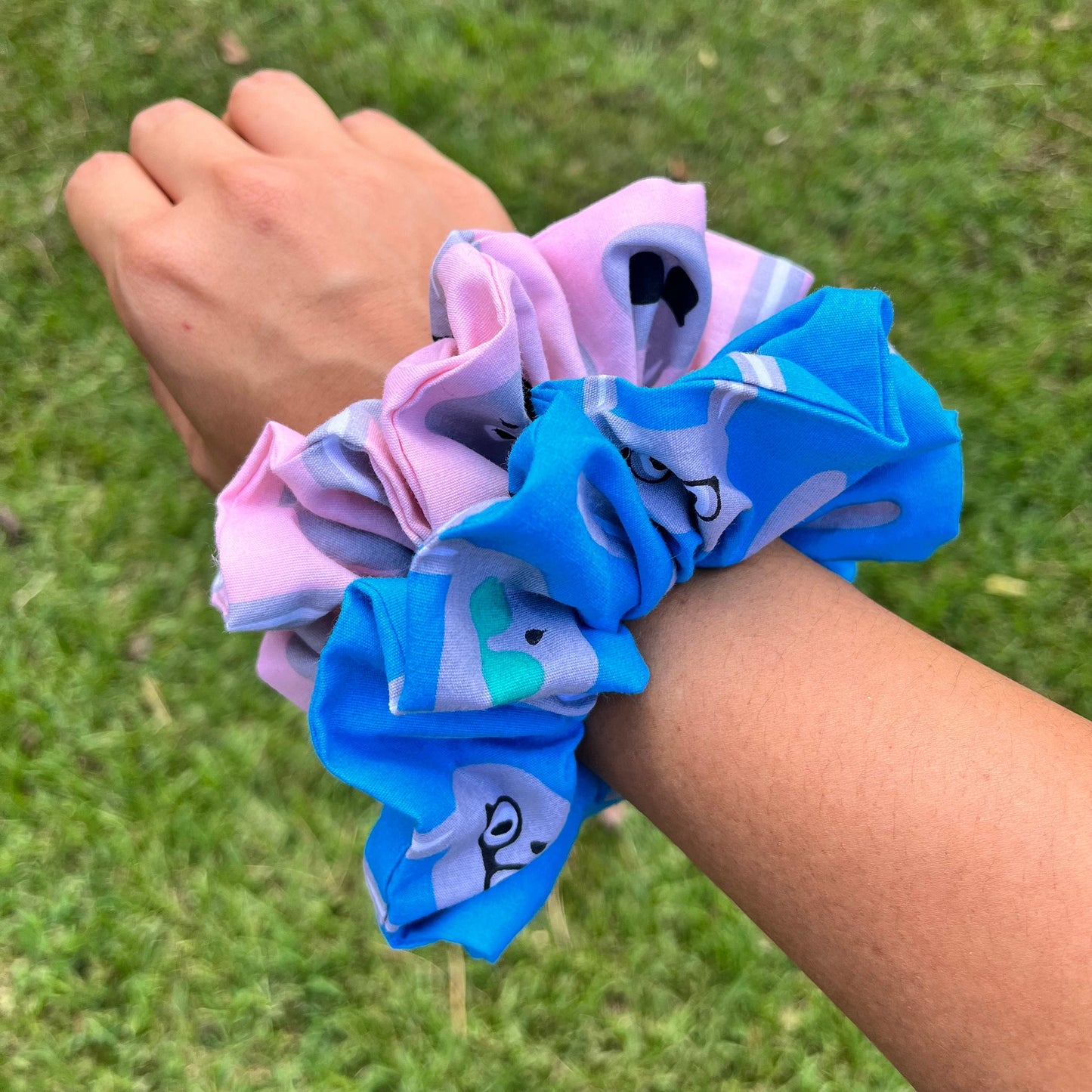 Bunny Print Cotton Scrunchie: Pink & Blue Hair Tie, USA Handmade