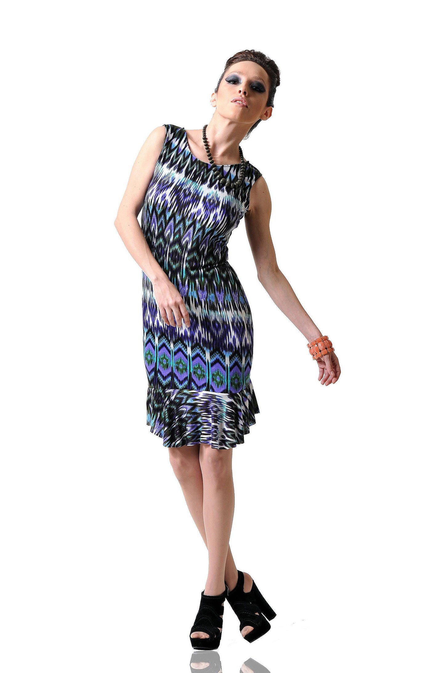 Tribal Print Mini Dress: Flounce Hem Bodycon Rayon Blend