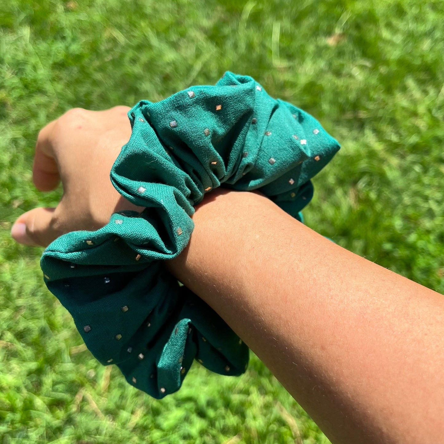 Green Cotton Scrunchie: Festive Holiday Hair Tie, Handmade in USA