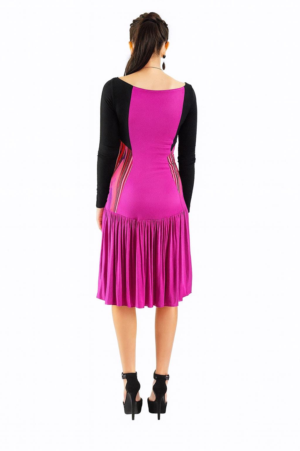 Abstract Print Hi-Lo Dress: Long Sleeve Colorblock Rayon Blend