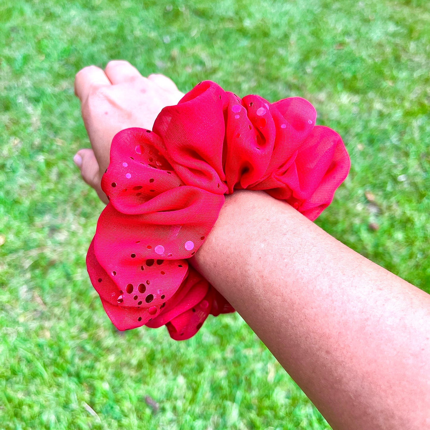 Red Foil Dotted Chiffon Scrunchie: Handmade Hair Accessory