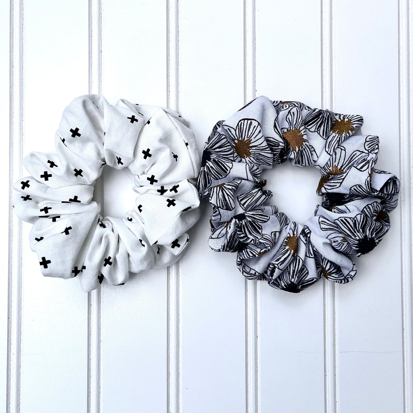 Black and White Cotton Scrunchies: Floral & Criss Cross Prints
