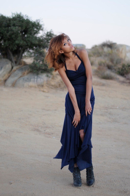 Navy Blue Asymmetrical Halter Dress: Handmade Jersey Midi