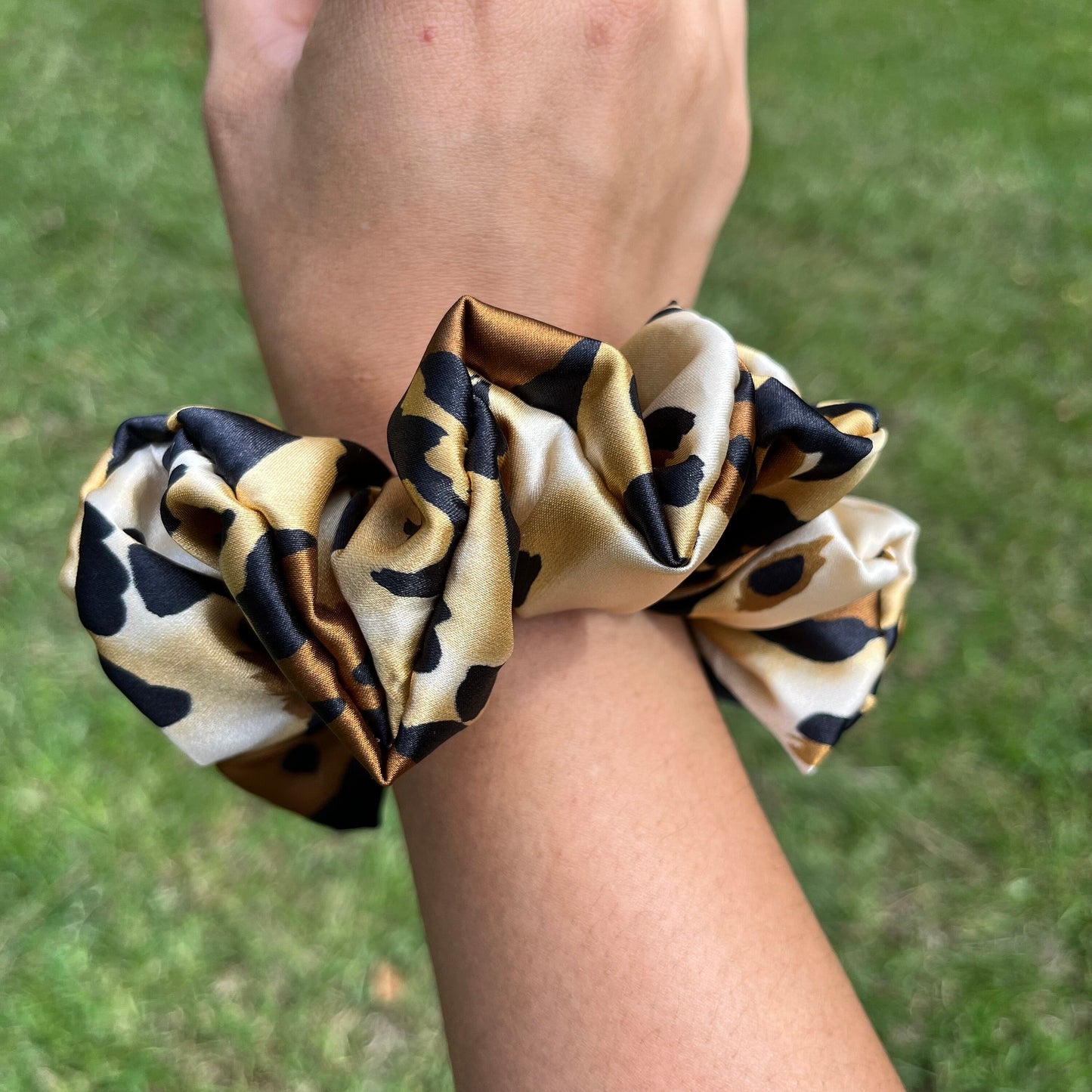 Handmade Satin Leopard Print Scrunchie: Silky Animal Print Hair Tie