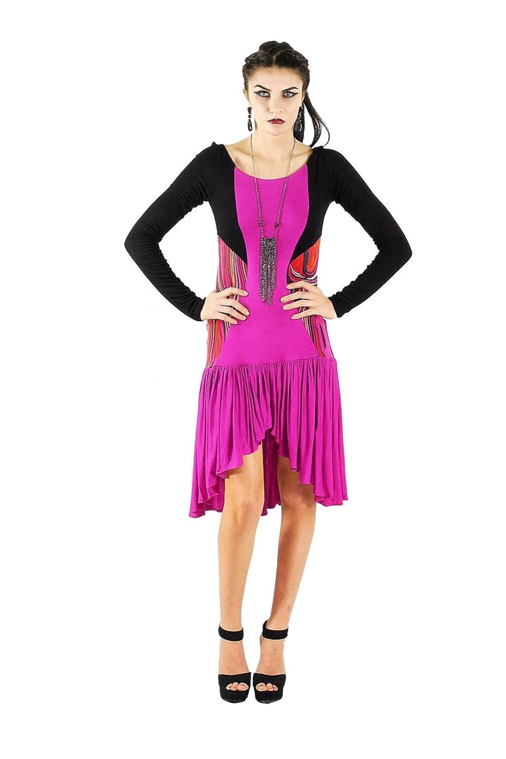 Abstract Print Hi-Lo Dress: Long Sleeve Colorblock Rayon Blend