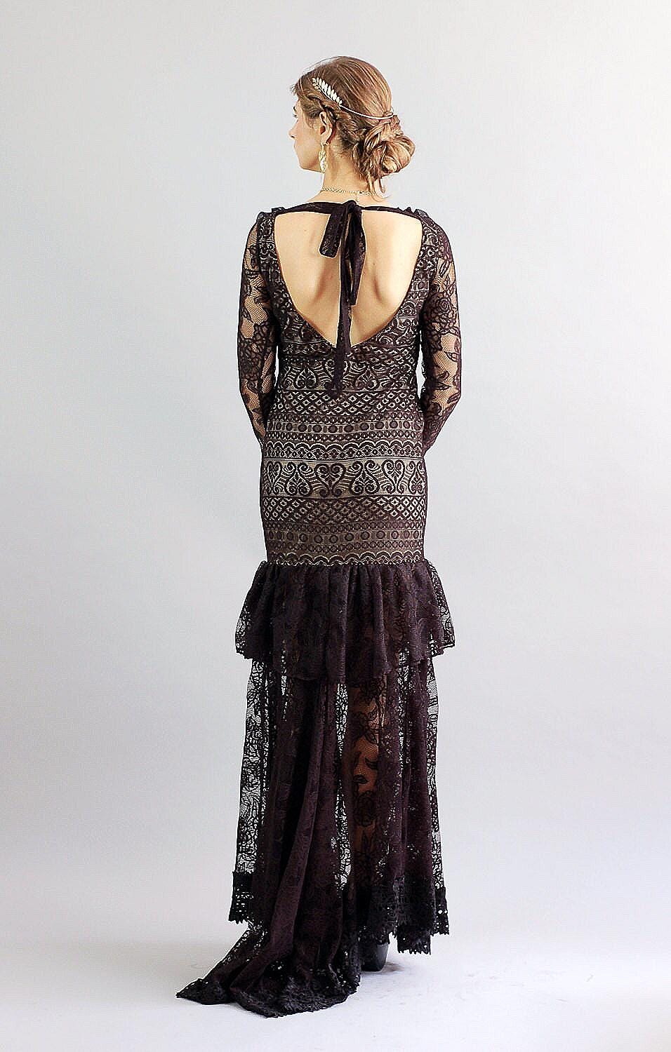 Black Lace Maxi Gown: Handmade Flamenco Ballroom Dress - Size Small