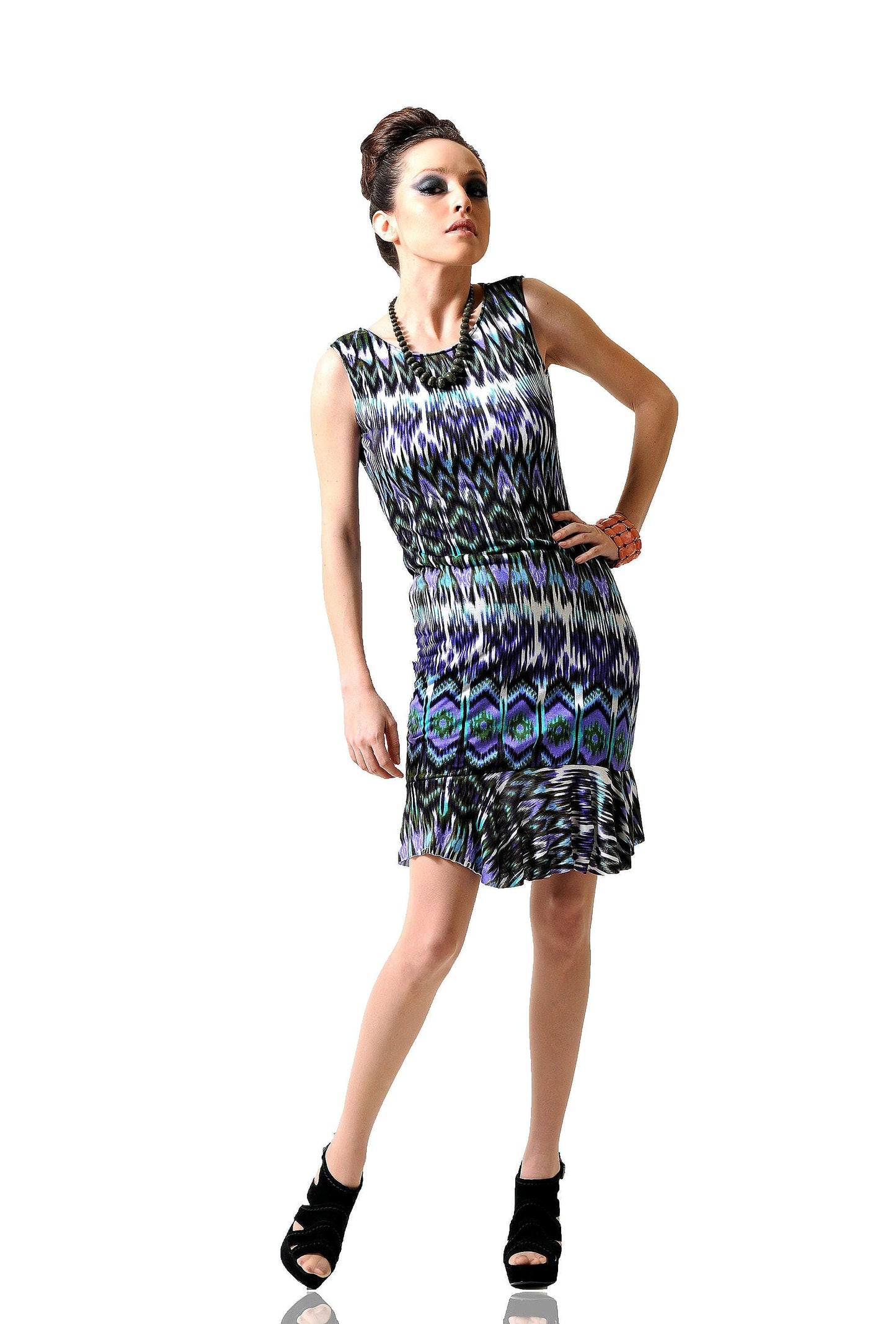 Tribal Print Mini Dress: Flounce Hem Bodycon Rayon Blend