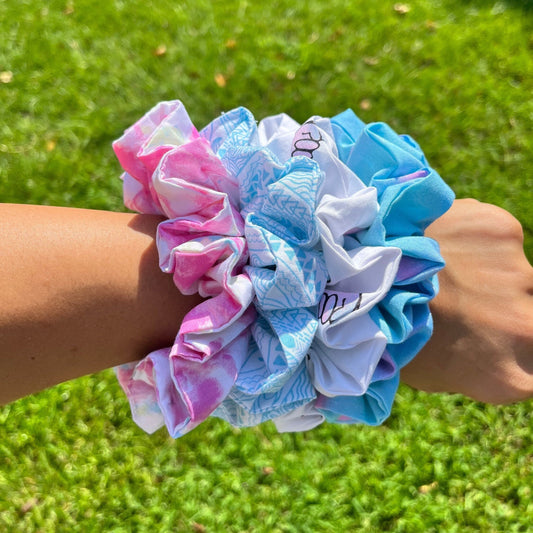Cotton Scrunchie Set: Pink, Blue, & Tropical Prints