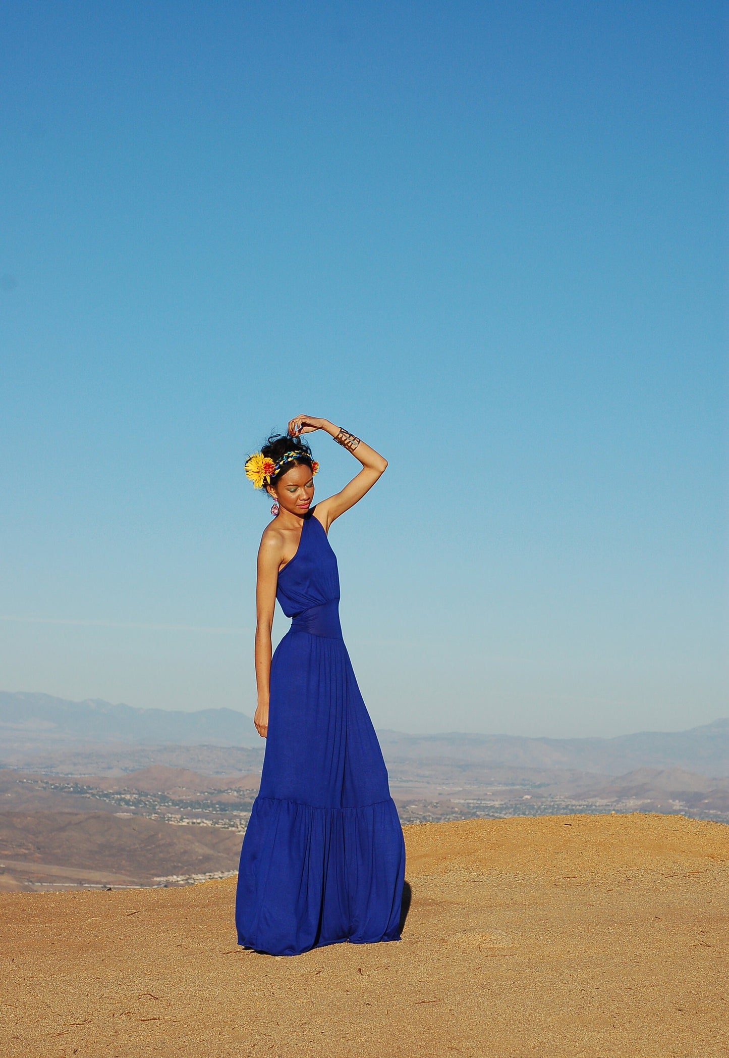 One Shoulder Maxi Dress: Cinched Waist Tiered Long Dress