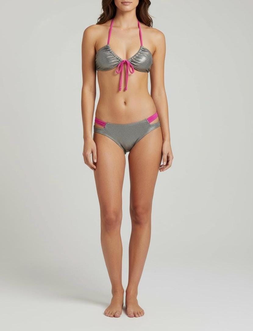 Metallic Silver and Hot Pink Cutout Bikini Set