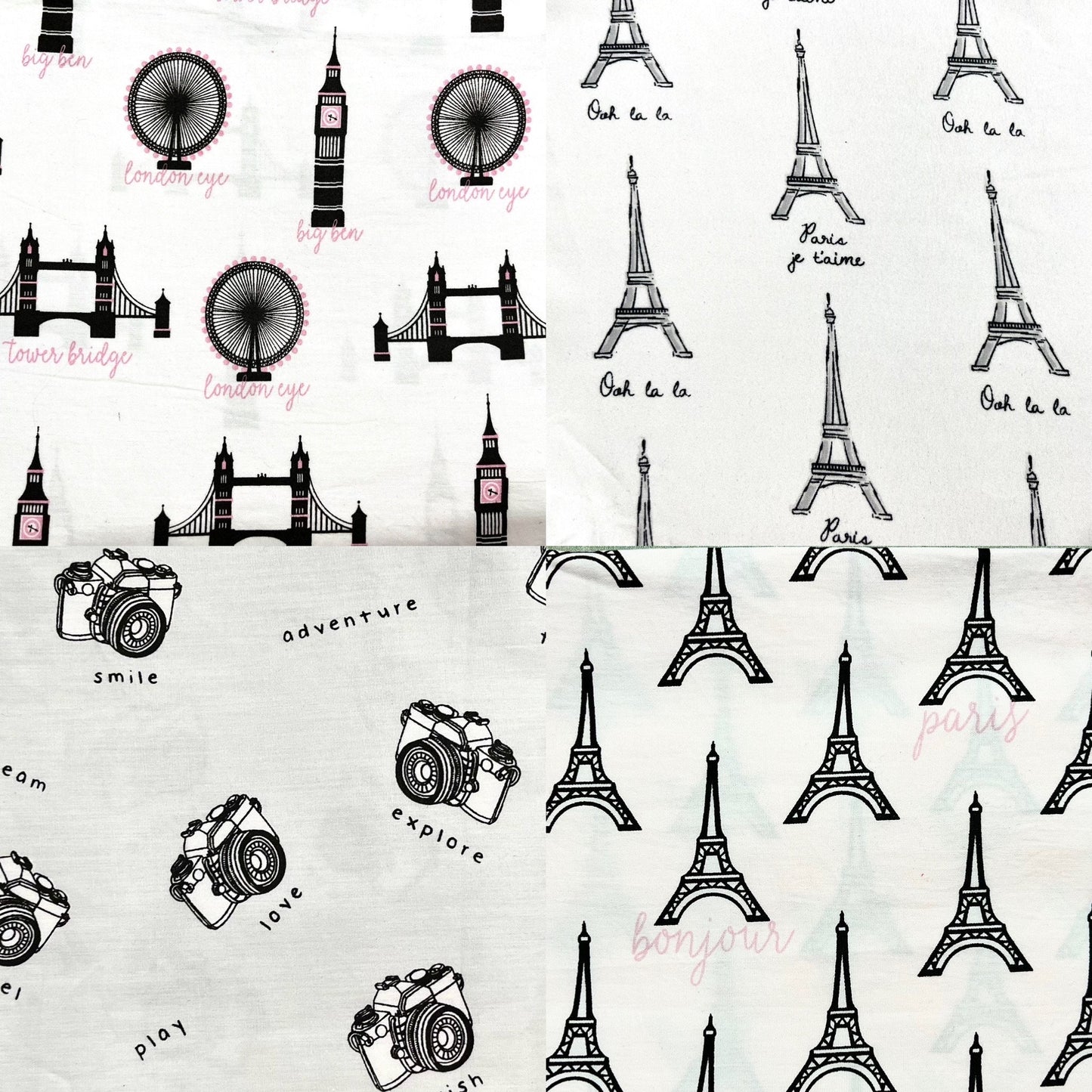 World Traveler Cotton Scrunchie Set: Paris, London Prints