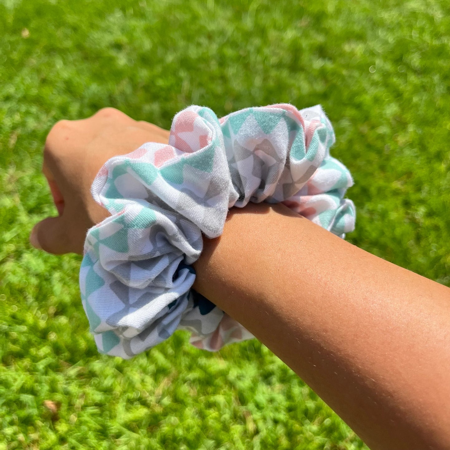 Pink & Aqua Scrunchie Set: Geometric, Kitty, Metallic Hair Fashion