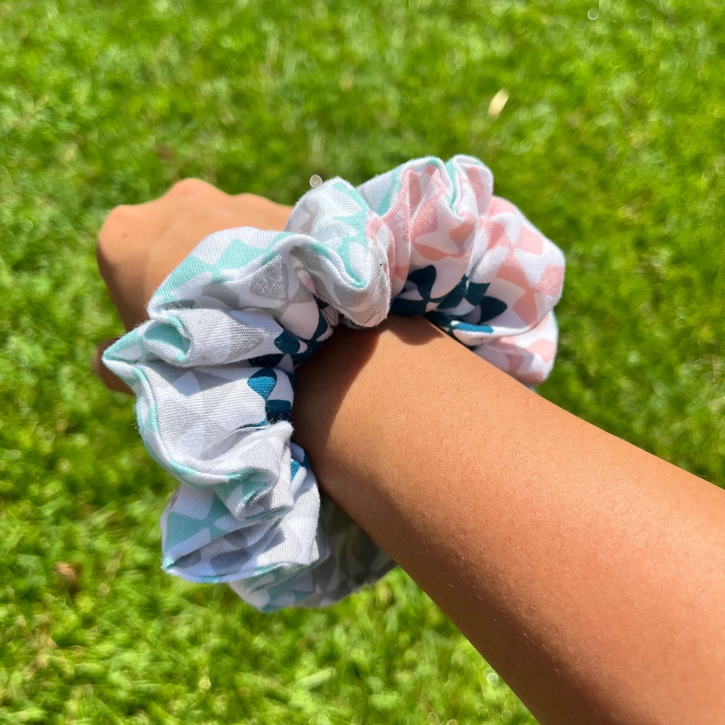 Pink & Aqua Scrunchie Set: Geometric, Kitty, Metallic Hair Fashion