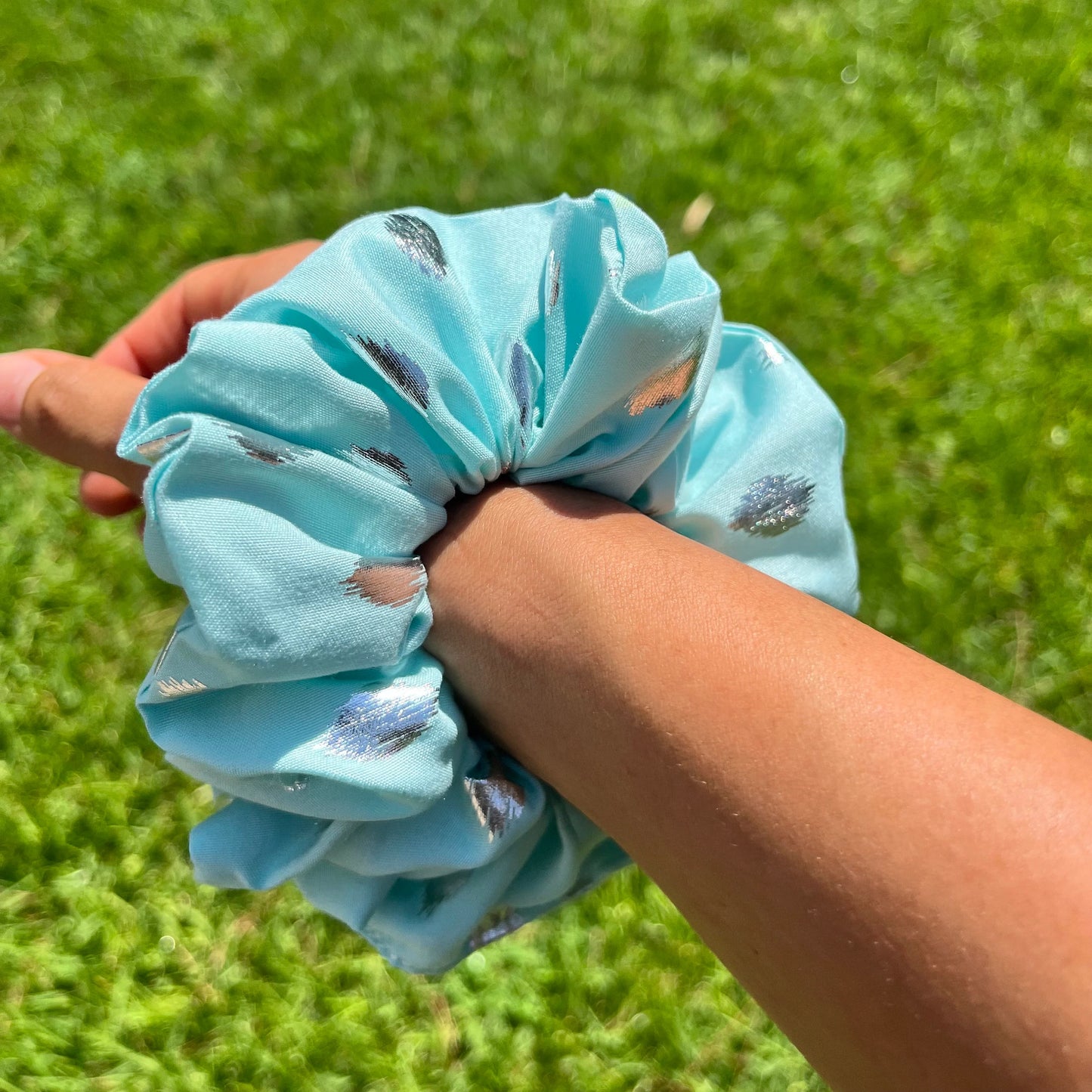 Pink & Aqua Scrunchie Set: Geometric, Kitty, Metallic Hair Fashion