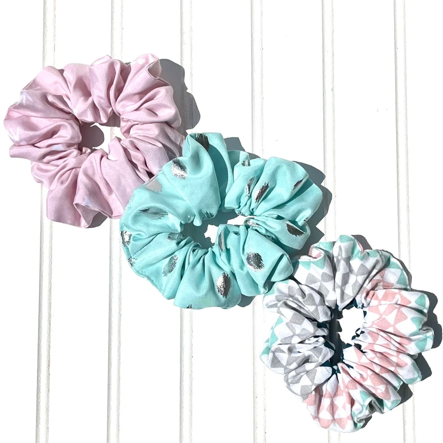 Pink & Aqua Scrunchie Set: Geometric, Kitty, Metallic Hair Fashion