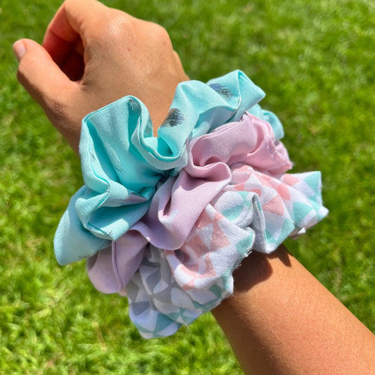 Pink & Aqua Scrunchie Set: Geometric, Kitty, Metallic Hair Fashion