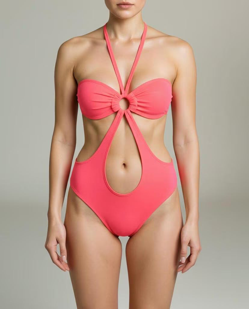 O-Ring Detail Cutout Monokini – Halter Tie One-Piece Swimsuit