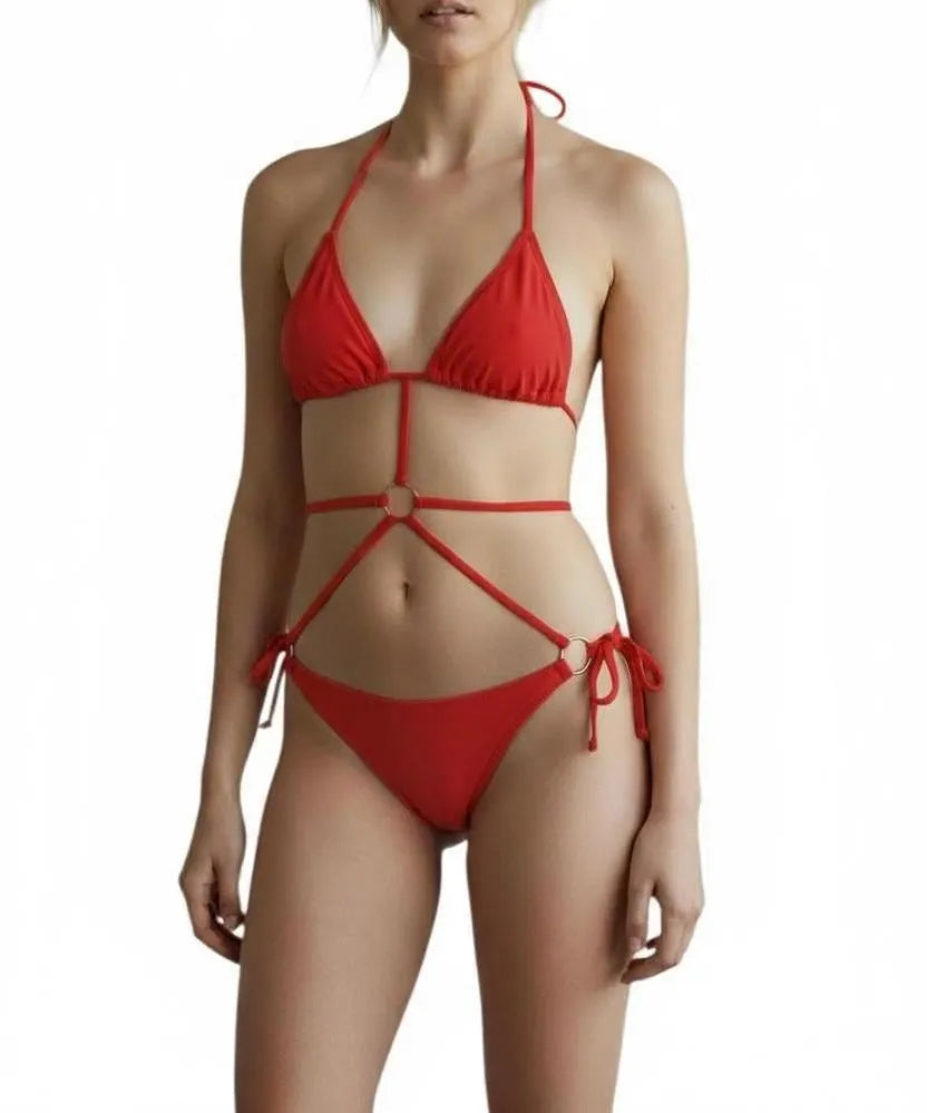 Ring Detail Strappy Cutout Bikini Set – Halter Tie Top and Side-Tie Bottoms