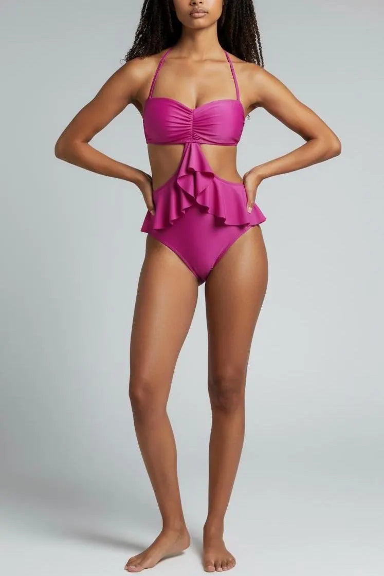 Ruffle Cutout One-Piece Swimsuit – Flounce Peplum Monokini with Halter Tie Back