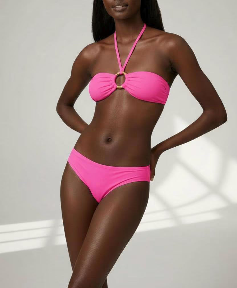 Ring Detail Halter Bikini Set – Elegant Bandeau Two-Piece Swimsuit