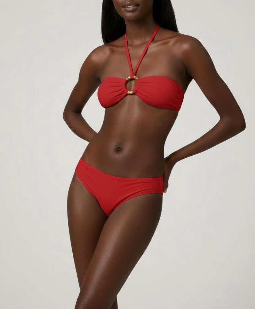 Ring Detail Halter Bikini Set – Elegant Bandeau Two-Piece Swimsuit