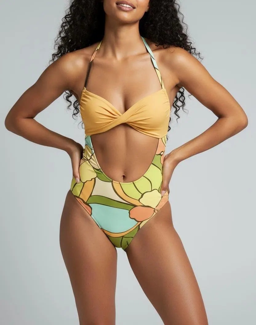 Floral Cut-Out One-Piece Swimsuit – Twist Front Halter, Monokini, Print Swimwear