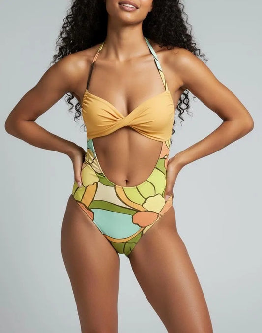 Floral Cut-Out One-Piece Swimsuit – Twist Front Halter, Monokini, Print Swimwear