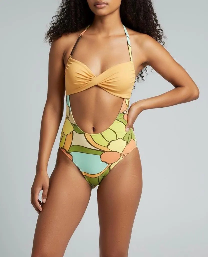 Floral Cut-Out One-Piece Swimsuit – Twist Front Halter, Monokini, Print Swimwear