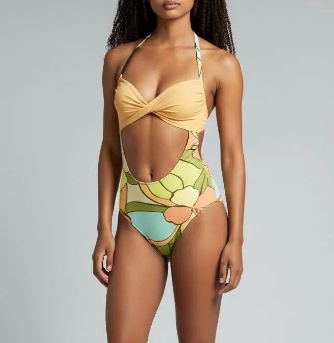 Floral Cut-Out One-Piece Swimsuit – Twist Front Halter, Monokini, Print Swimwear