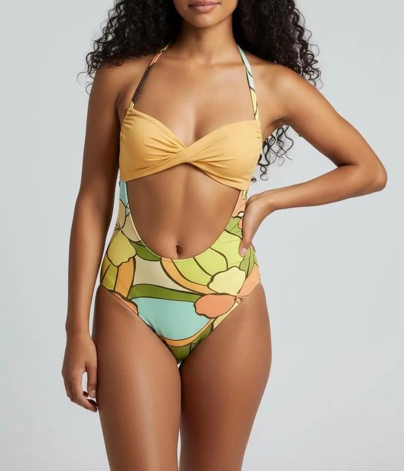 Floral Cut-Out One-Piece Swimsuit – Twist Front Halter, Monokini, Print Swimwear