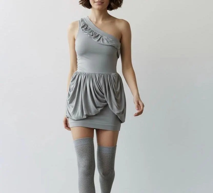 Pixie Mini Draped Dress – One-Shoulder Grey Mini Dress with Soft Draping, Modern Statement Cocktail Dress