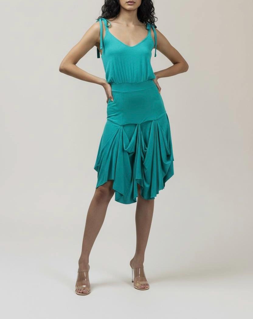Water-Lily Dress – Draped Midi Dress with Tie Straps, Flowing Asymmetrical Skirt