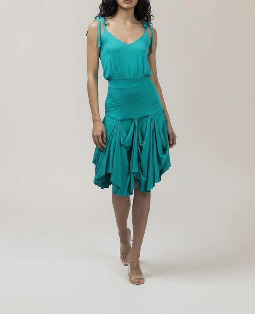 Water-Lily Dress – Draped Midi Dress with Tie Straps, Flowing Asymmetrical Skirt