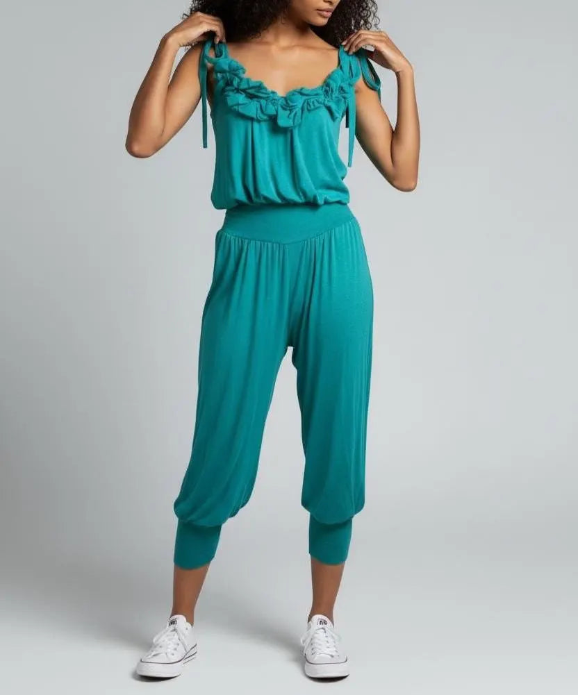Gloria Jumpsuit – Flowy Ruffle Tie-Strap Jumpsuit | Soft Stretch Lounge Romper | Casual Chic One-Piece Outfit