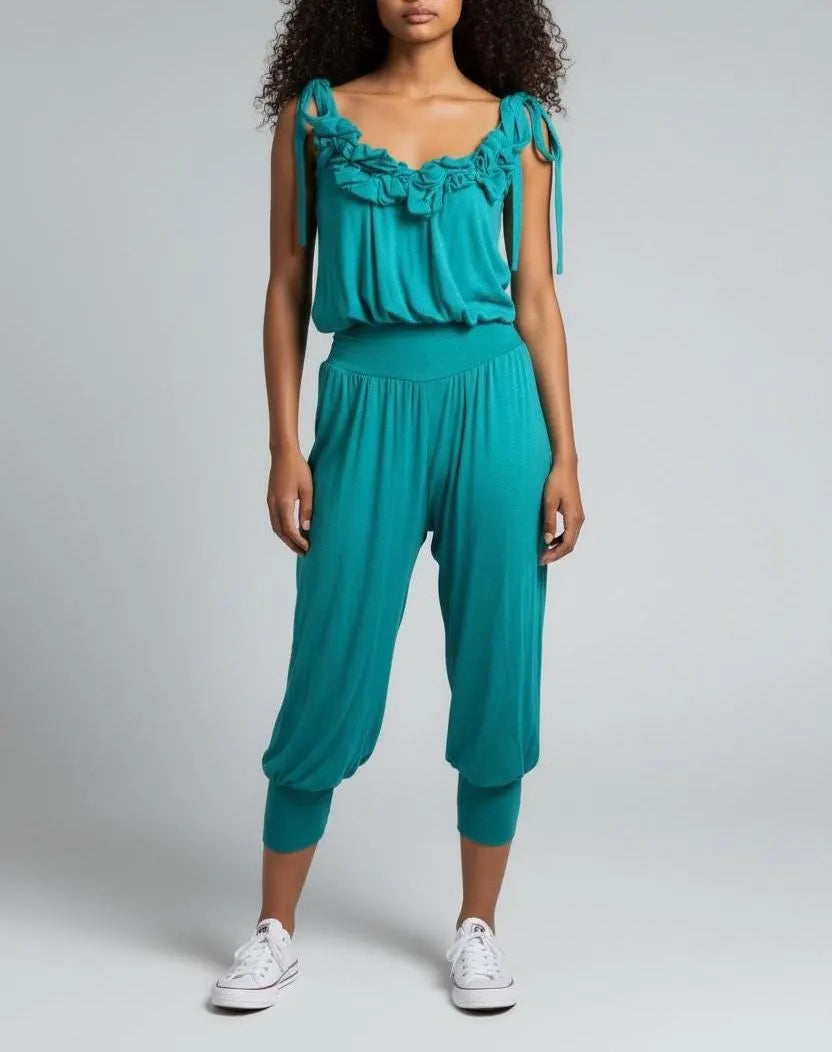 Gloria Jumpsuit – Flowy Ruffle Tie-Strap Jumpsuit | Soft Stretch Lounge Romper | Casual Chic One-Piece Outfit