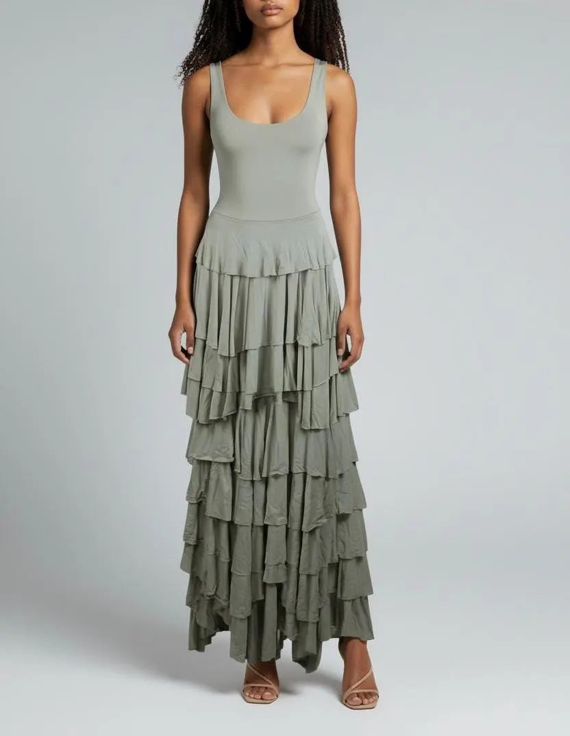 Taupe Flounce Maxi Dress: Handmade Modal Ruffle Layer Tank Dress